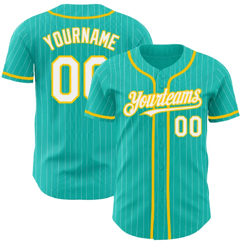 Baseball Jersey For Professional Tournament Custom Orders-Custom Aqua White Pinstripe White-Yellow Authentic Baseball Jersey