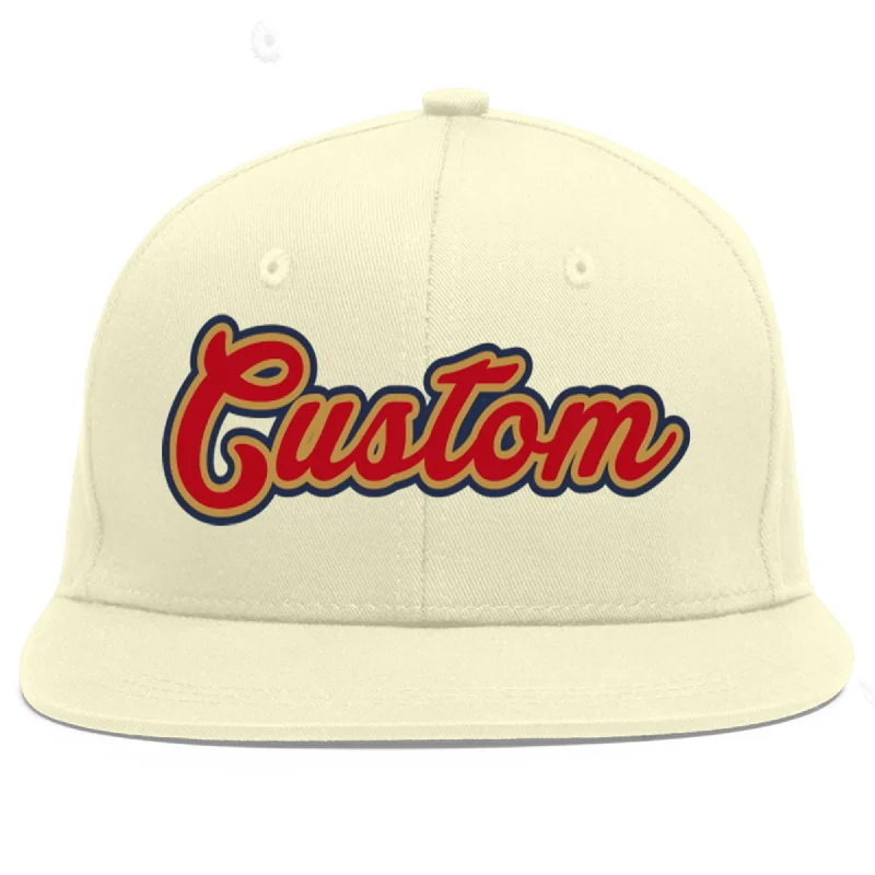 Baseball Cap With Personalized Player Patches-Custom Cream Red-Old Gold Flat Eaves Sport Baseball Cap