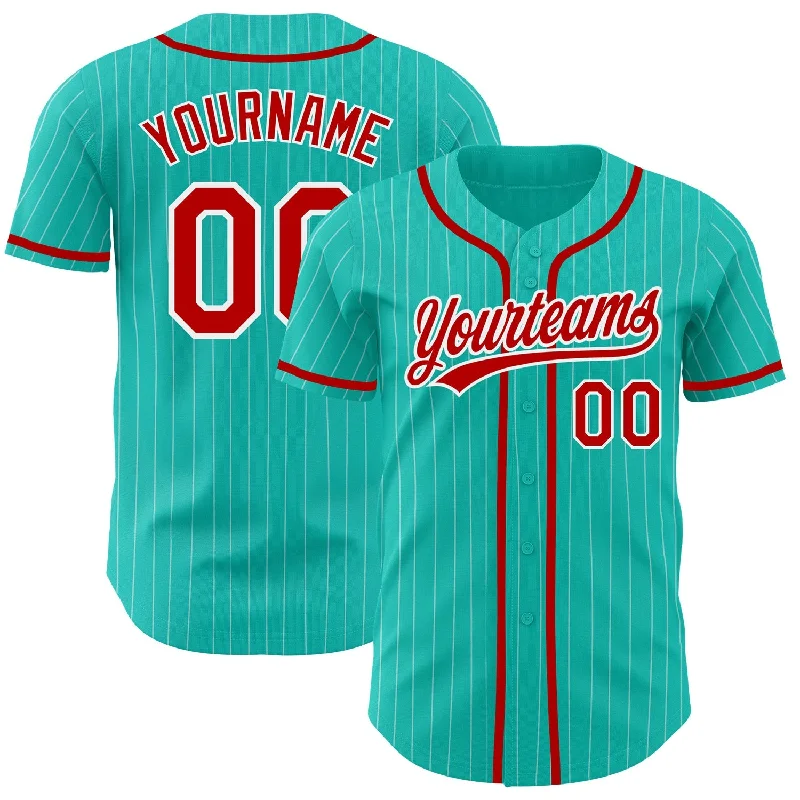 Baseball Jersey For Softball Custom Fan Gear-Custom Aqua White Pinstripe Red Authentic Baseball Jersey