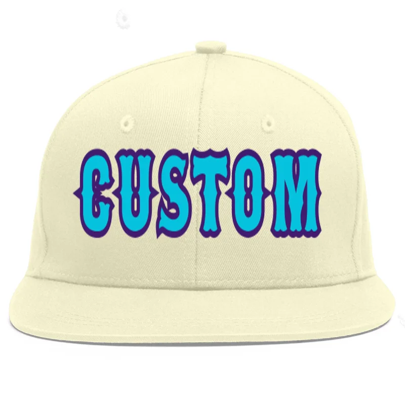 Baseball Cap For Custom Player Awards-Custom Cream Light Blue-purple Flat Eaves Sport Baseball Cap