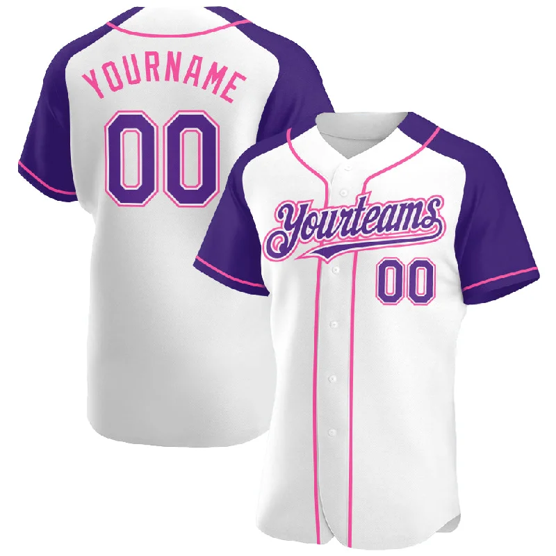 Baseball Jersey For Softball Team Apparel-Custom White Purple-Pink Authentic Raglan Sleeves Baseball Jersey