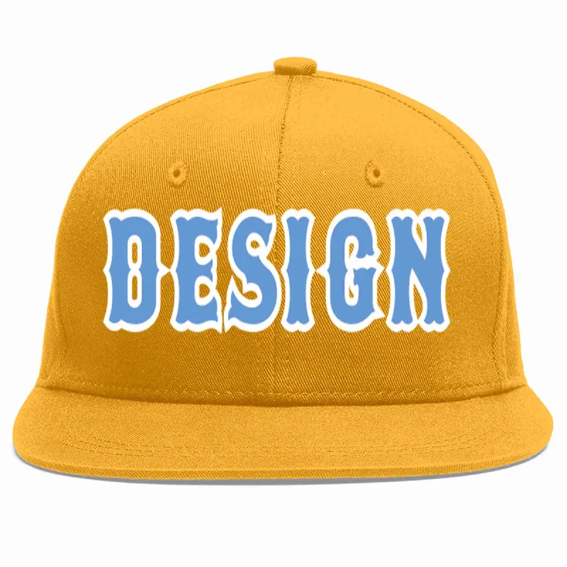 Baseball Cap For Group Orders-Custom Gold Light Blue-White Flat Eaves Sport Baseball Cap Design for Men/Women/Youth