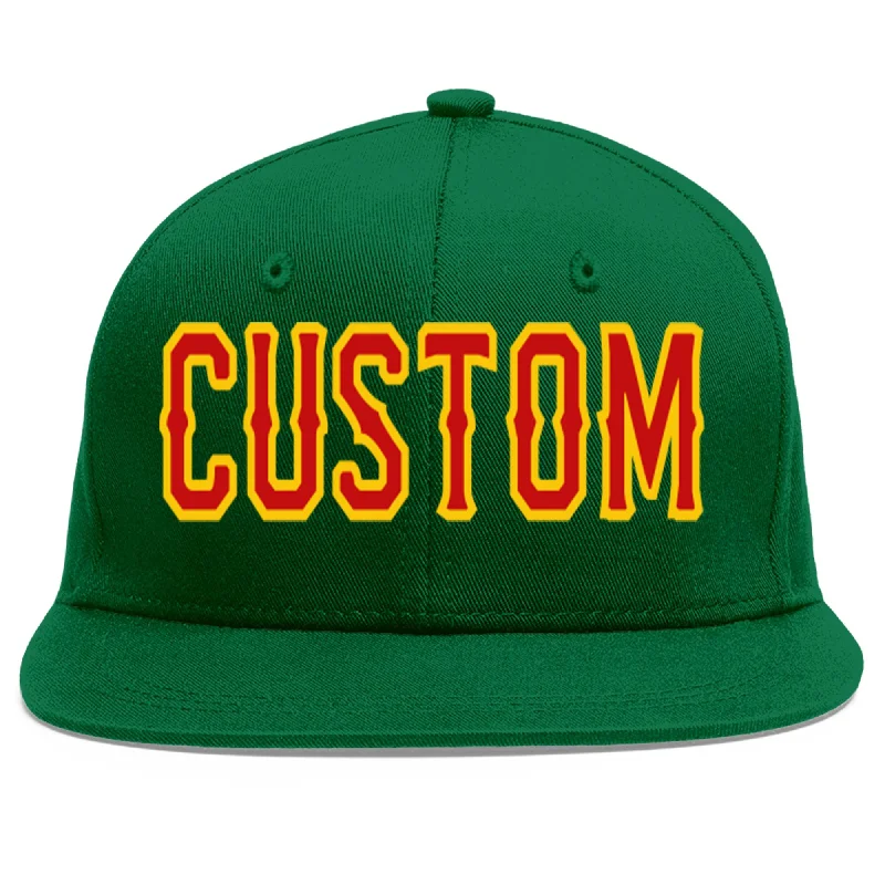 Baseball Cap For Game Day Merchandise-Custom Green Red-Yellow Flat Eaves Sport Baseball Cap