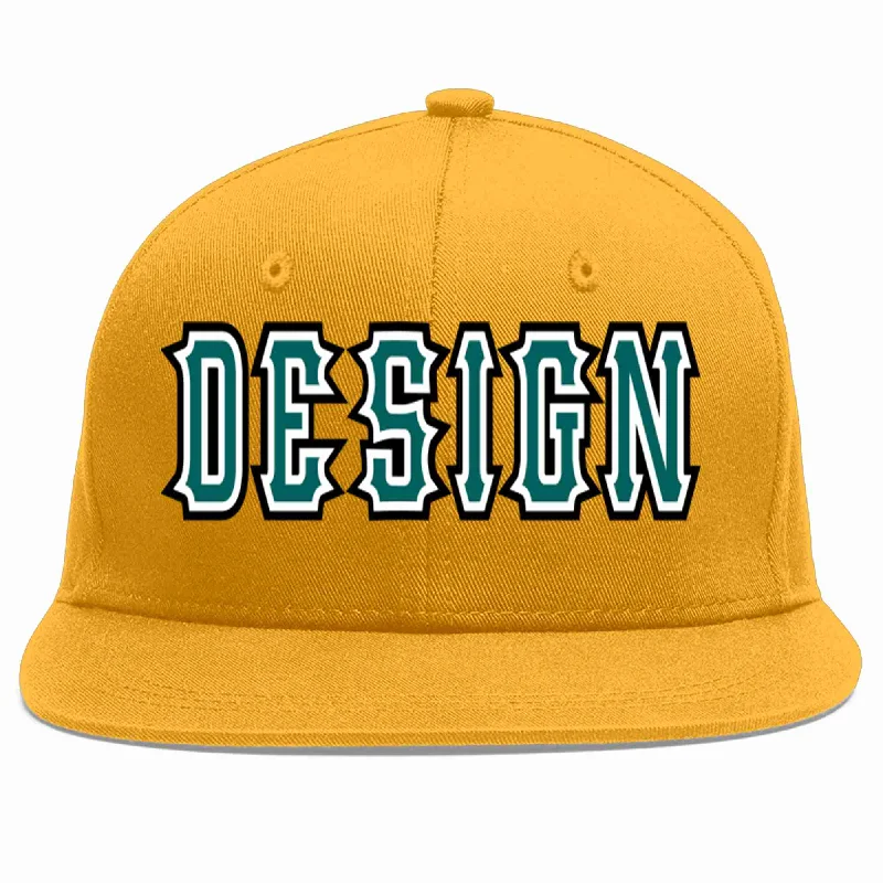 Baseball Cap For Player And Team Apparel-Custom Gold Aqua-White Flat Eaves Sport Baseball Cap Design for Men/Women/Youth