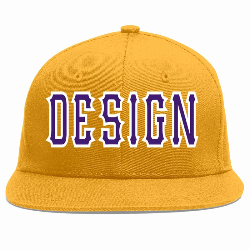 Baseball Cap For Softball Fan Custom Gear-Custom Gold purple-White Flat Eaves Sport Baseball Cap Design for Men/Women/Youth