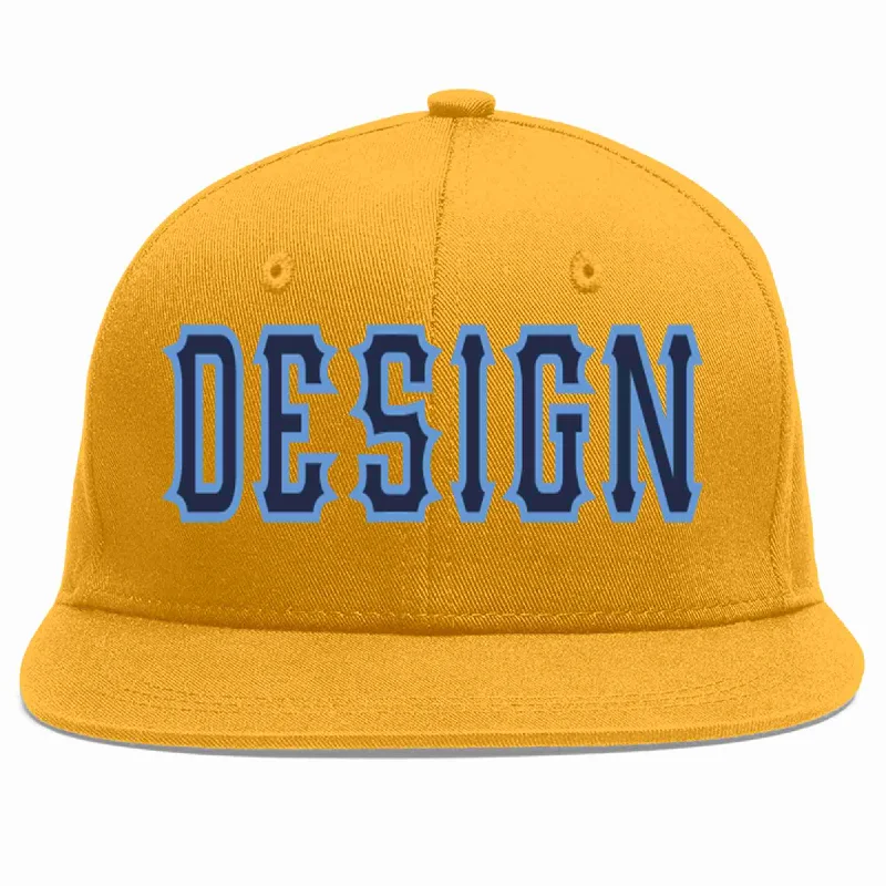 Baseball Cap For Professional Game Merchandise-Custom Gold Navy-Light Blue Flat Eaves Sport Baseball Cap Design for Men/Women/Youth