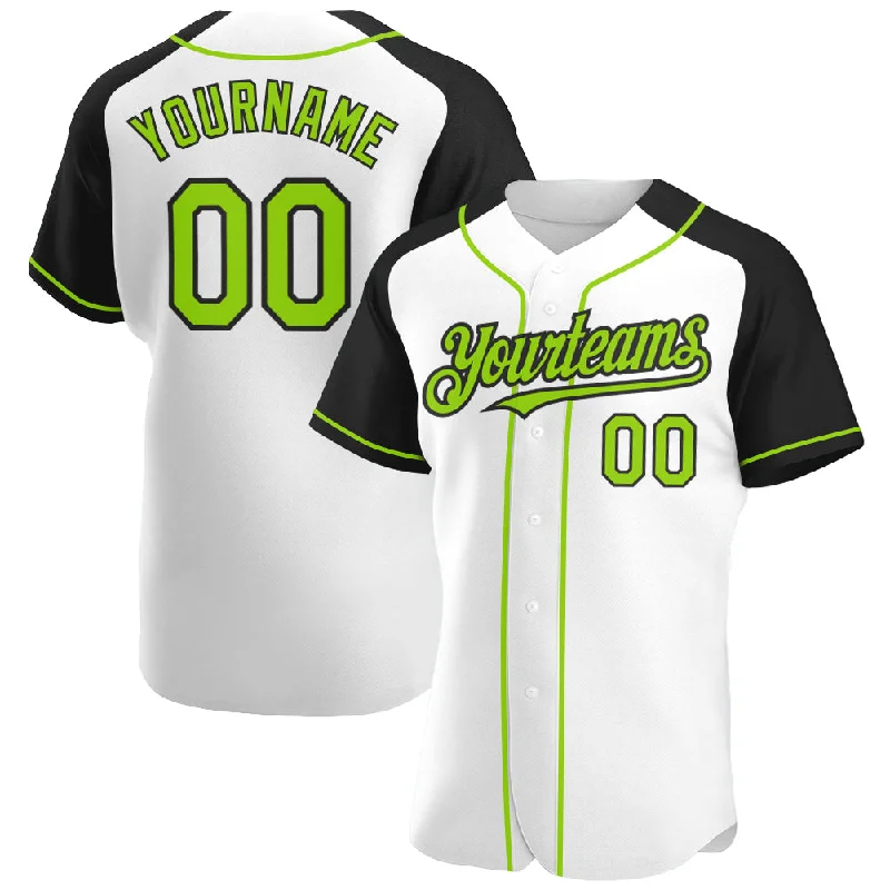 Baseball Jersey For Kids With Custom Designs-Custom White Neon Green-Black Authentic Raglan Sleeves Baseball Jersey