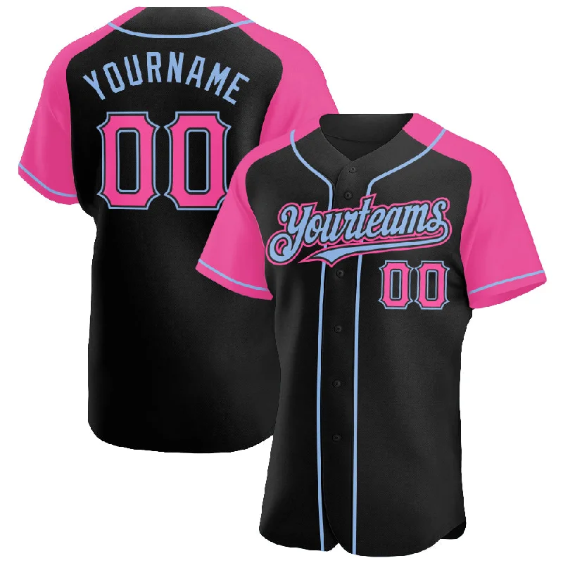 Baseball Jersey For Custom Orders-Custom Black Pink-Light Blue Authentic Raglan Sleeves Baseball Jersey