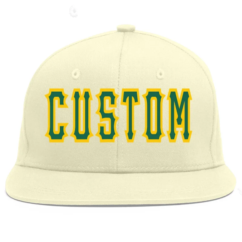 Baseball Cap For Fan Apparel Customization-Custom Cream Kelly Green-Gold Flat Eaves Sport Baseball Cap