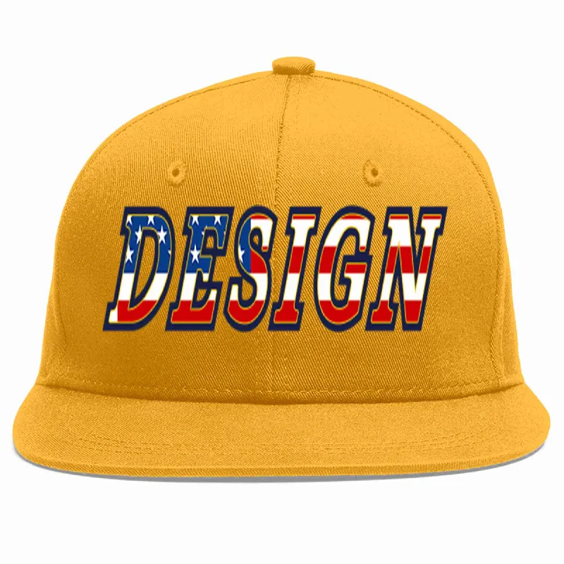 Baseball Cap For Personalized High School Gear-Custom Gold Vintage USA Flag-Gold Flat Eaves Sport Baseball Cap Design for Men/Women/Youth