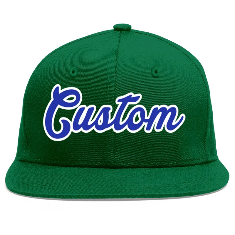 Baseball Cap For Youth Team Fan Gear-Custom Green Royal-White Flat Eaves Sport Baseball Cap