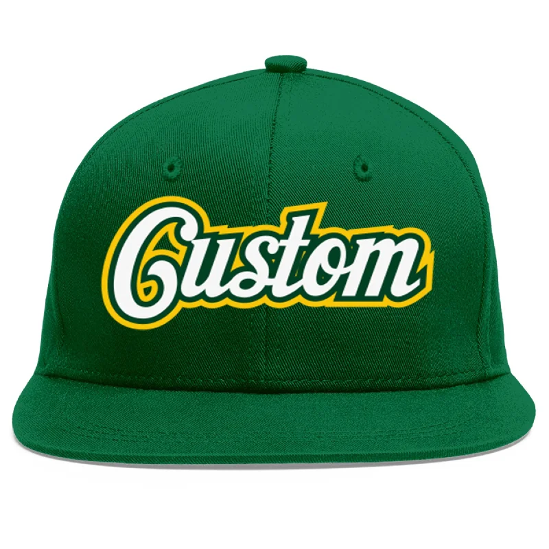 Baseball Cap For Softball Player Gear-Custom Green White-Kelly Green Flat Eaves Sport Baseball Cap