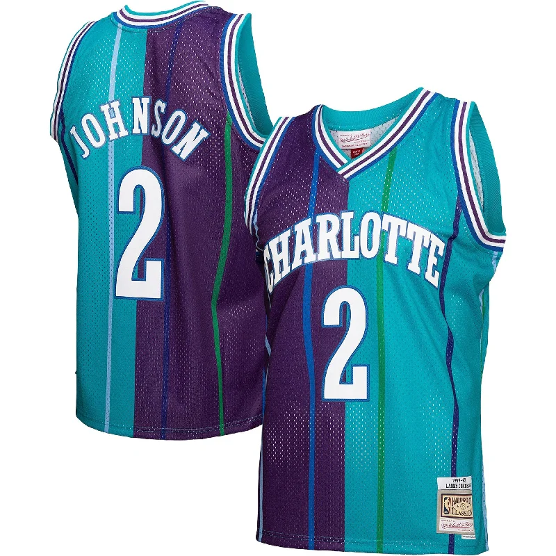 Basketball Jersey For College Fundraisers-Larry Johnson Charlotte Hornets Hardwood Classics Split Swingman Basketball Jersey - Teal/purple