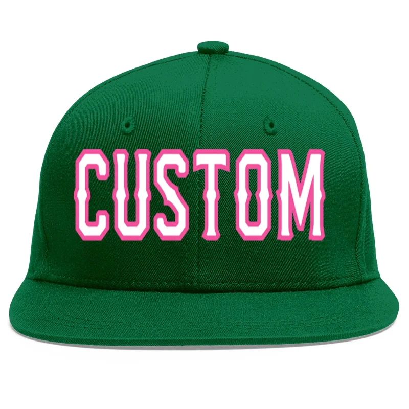 Baseball Cap For High School Customization-Custom Green White-Pink Flat Eaves Sport Baseball Cap