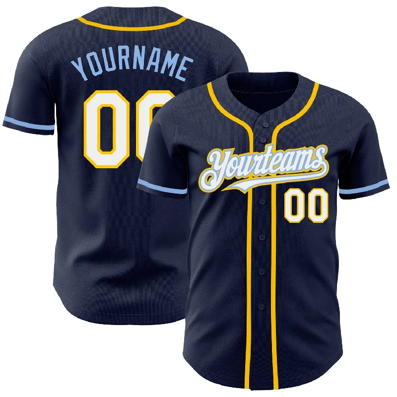 Baseball Jersey With Custom Player Portraits-Custom Navy White Yellow-Light Blue Authentic Baseball Jersey