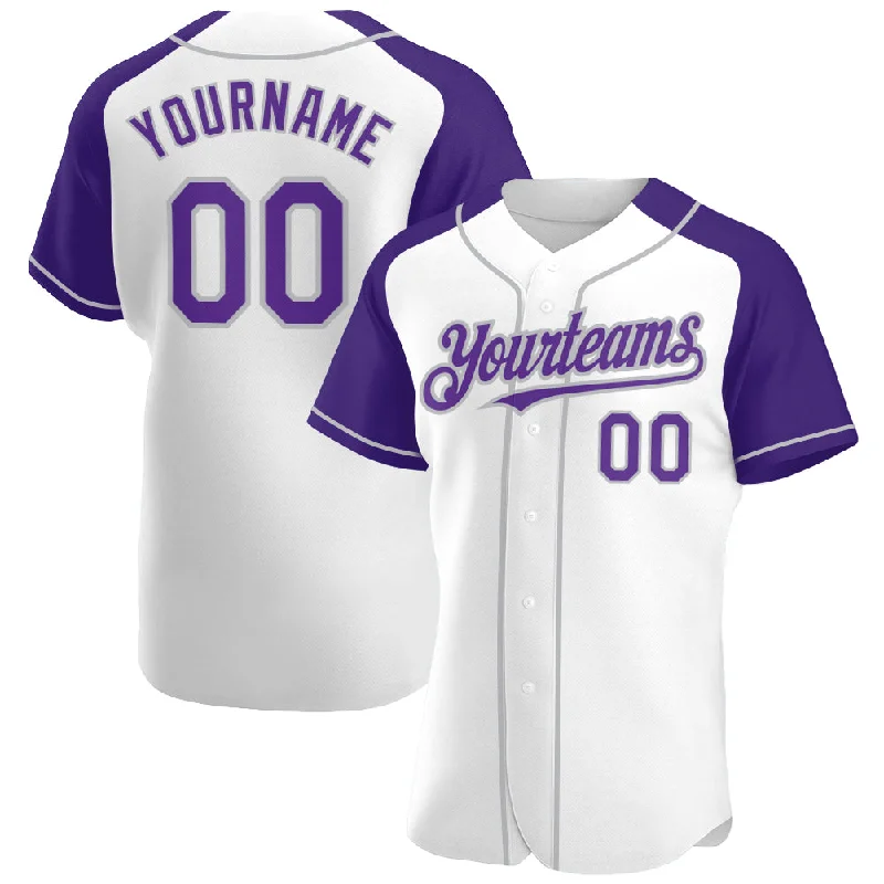 Baseball Jersey For Custom School Fan Gear-Custom White Purple-Gray Authentic Raglan Sleeves Baseball Jersey