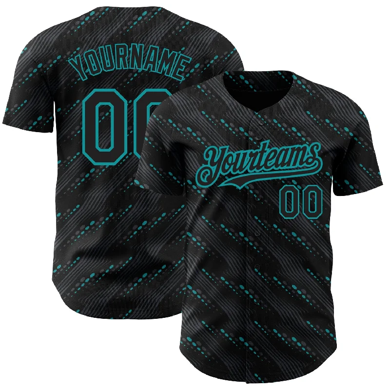 Baseball Jersey With Embroidered Logo-Custom Black Teal 3D Pattern Design Slant Lines Authentic Baseball Jersey