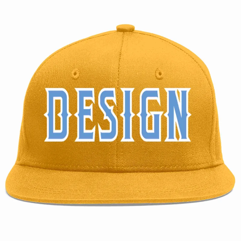 Baseball Cap With Custom Embroidery-Custom Gold Light Blue-White Flat Eaves Sport Baseball Cap Design for Men/Women/Youth