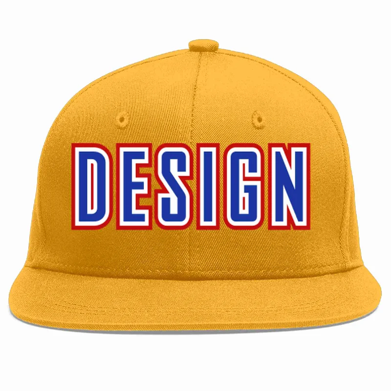 Baseball Cap For Event Apparel Customization-Custom Gold Royal-White Flat Eaves Sport Baseball Cap Design for Men/Women/Youth