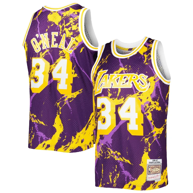 Basketball Jersey With Moisture-Wicking Fabric-Shaquille O'neal Los Angeles Lakers 1996/97 Hardwood Classics Marble Swingman Basketball Jersey - Purple