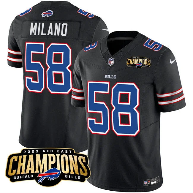 Football Jersey For Men-Men's Buffalo Bills #58 Matt Milano Black 2023 F.U.S.E. AFC East Champions With 4-star C Ptach Football Stitched Jersey