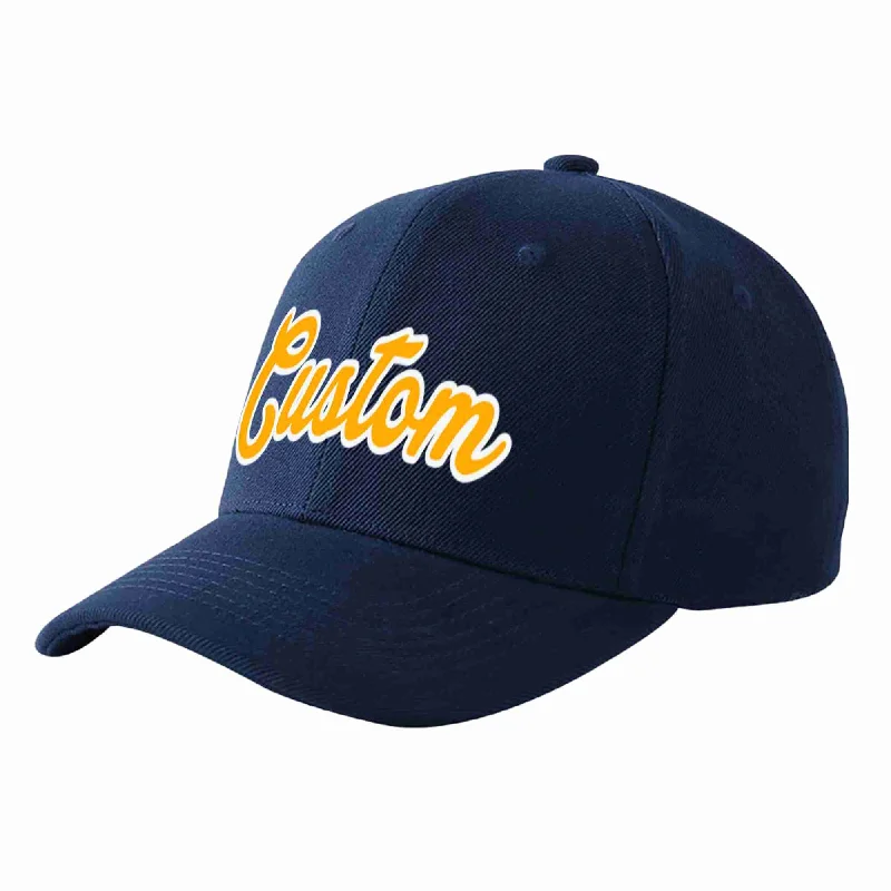 Baseball Cap For Professional Game Merchandise-Custom Navy Yellow-White Curved Eaves Sport Baseball Cap Design for Men/Women/Youth