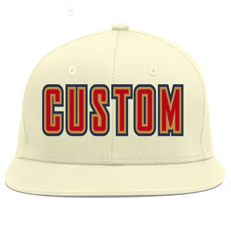 Baseball Cap With Custom Logo-Custom Cream Red-Old Gold Flat Eaves Sport Baseball Cap