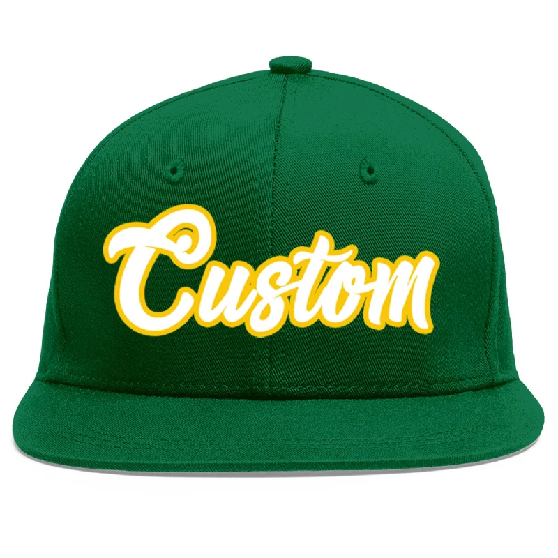 Baseball Cap For Special Player Editions-Custom Green White-Gold Flat Eaves Sport Baseball Cap