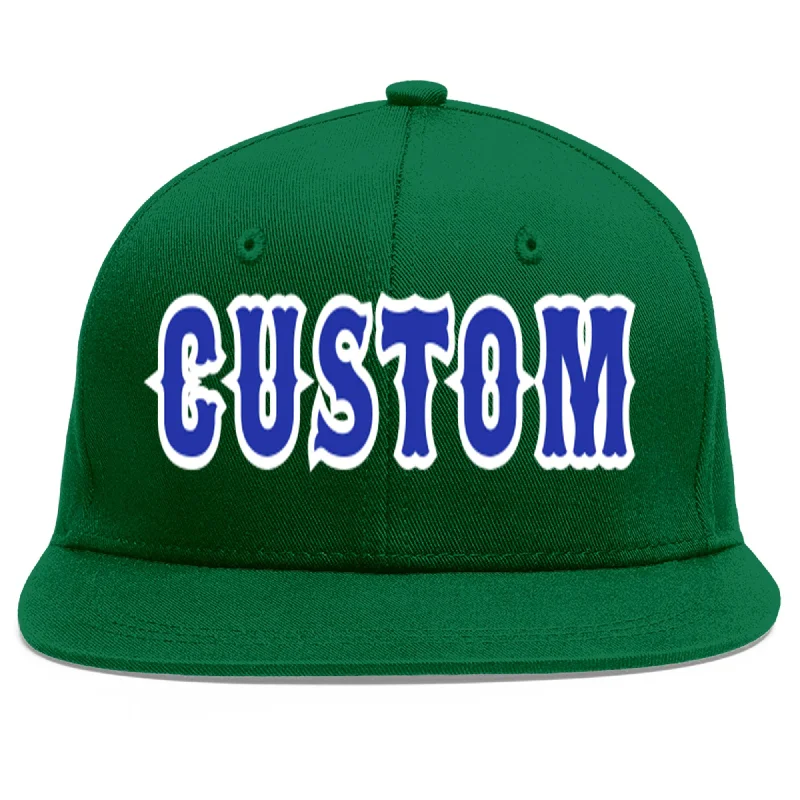 Baseball Cap For College Event Customization-Custom Green Royal-White Flat Eaves Sport Baseball Cap