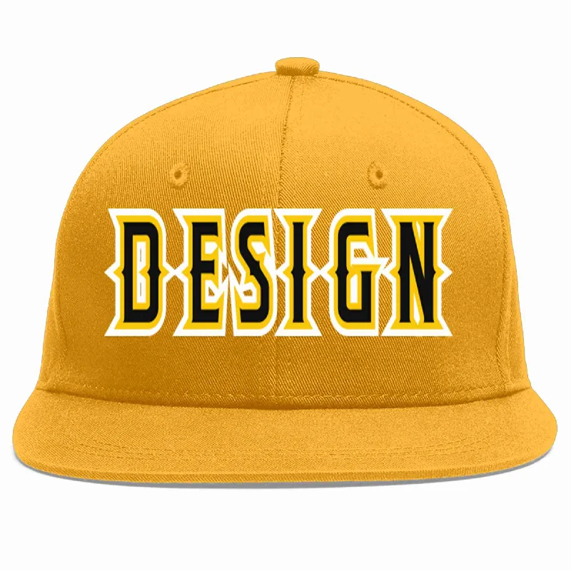 Baseball Cap For Game Day-Custom Gold Black-Gold Flat Eaves Sport Baseball Cap Design for Men/Women/Youth