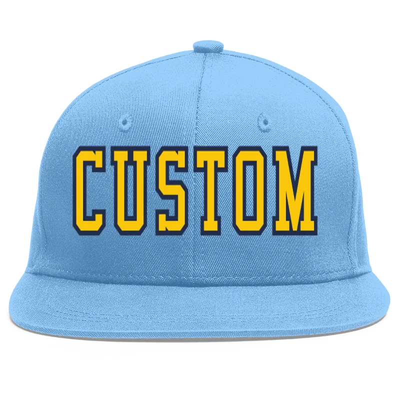 Baseball Cap For Tournament Custom Orders-Custom Light Blue Gold-Navy Flat Eaves Sport Baseball Cap