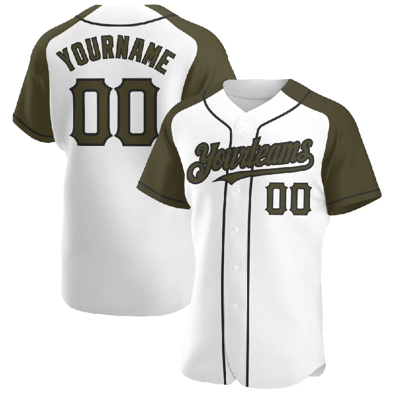 Baseball Jersey For Tournament Players-Custom White Olive-Black Authentic Raglan Sleeves Baseball Jersey