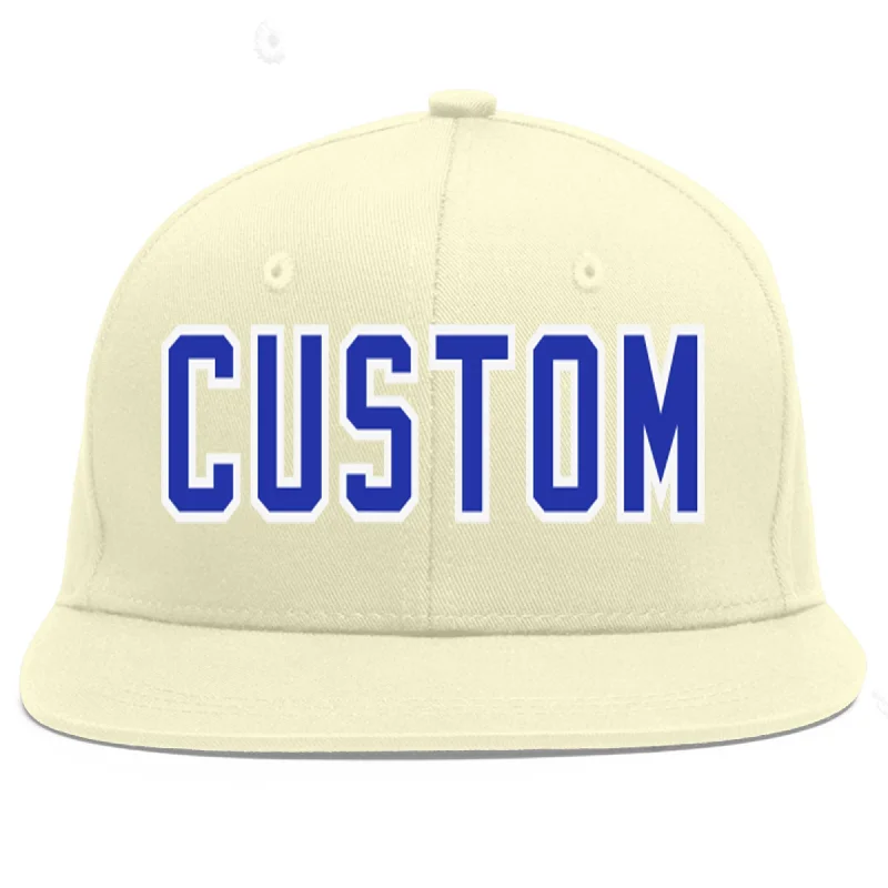 Baseball Cap For Personalized Team Merchandise-Custom Cream Royal-White Flat Eaves Sport Baseball Cap