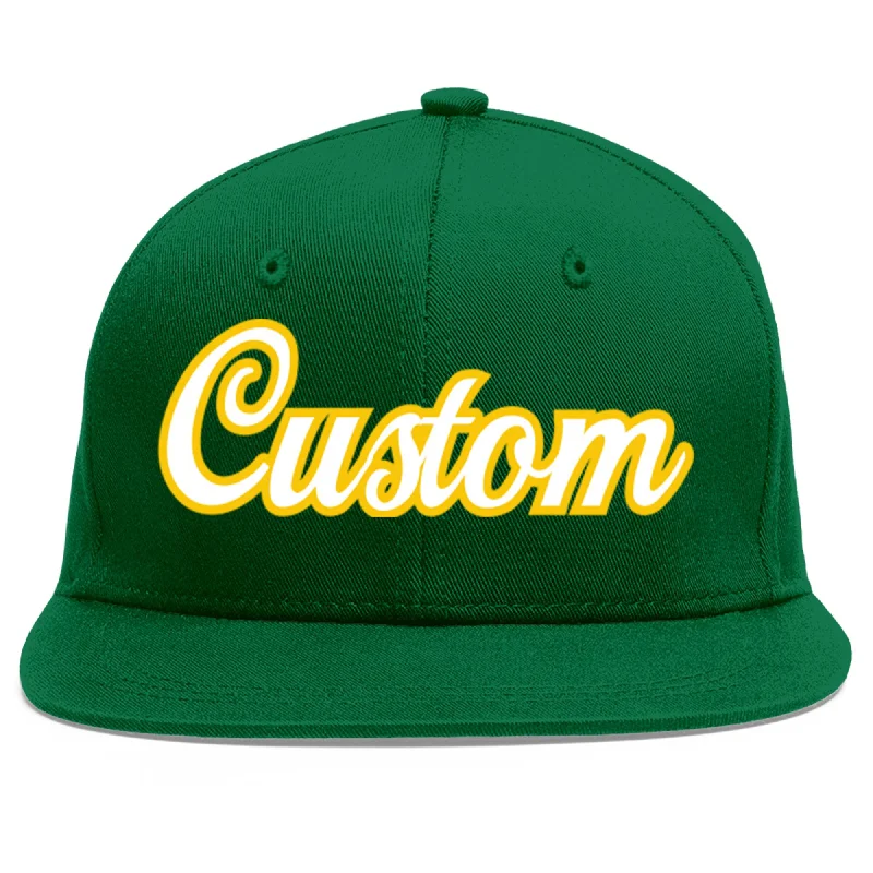 Baseball Cap For Youth Team Apparel-Custom Green White-Gold Flat Eaves Sport Baseball Cap