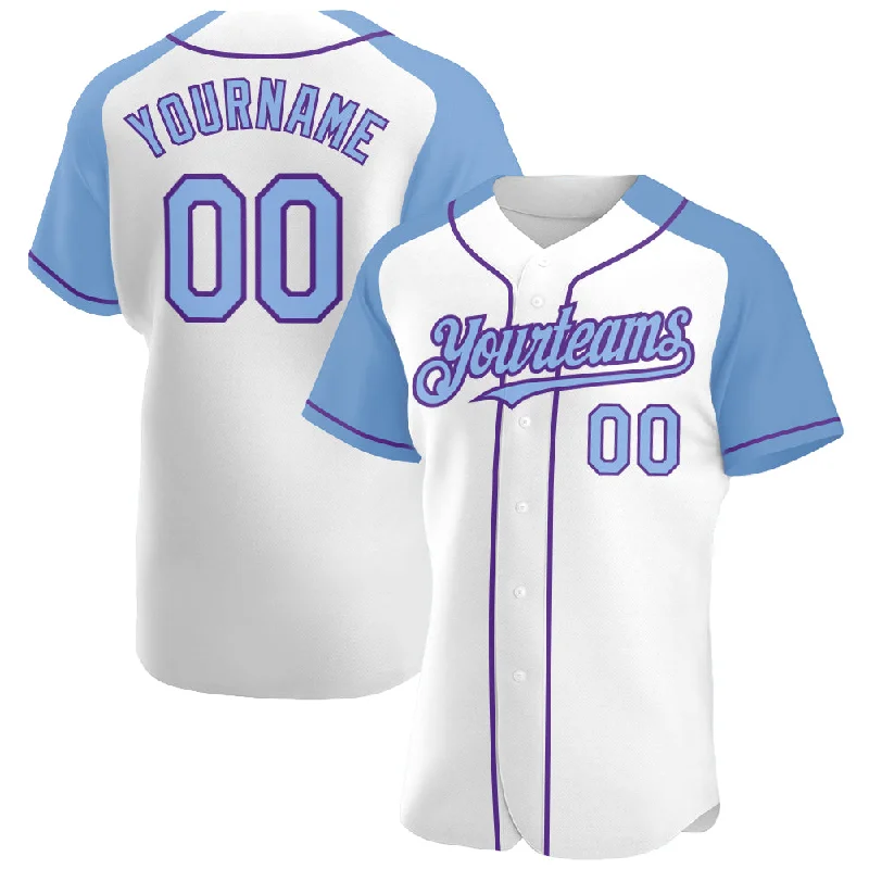 Baseball Jersey For Custom Youth Team Orders-Custom White Light Blue-Purple Authentic Raglan Sleeves Baseball Jersey