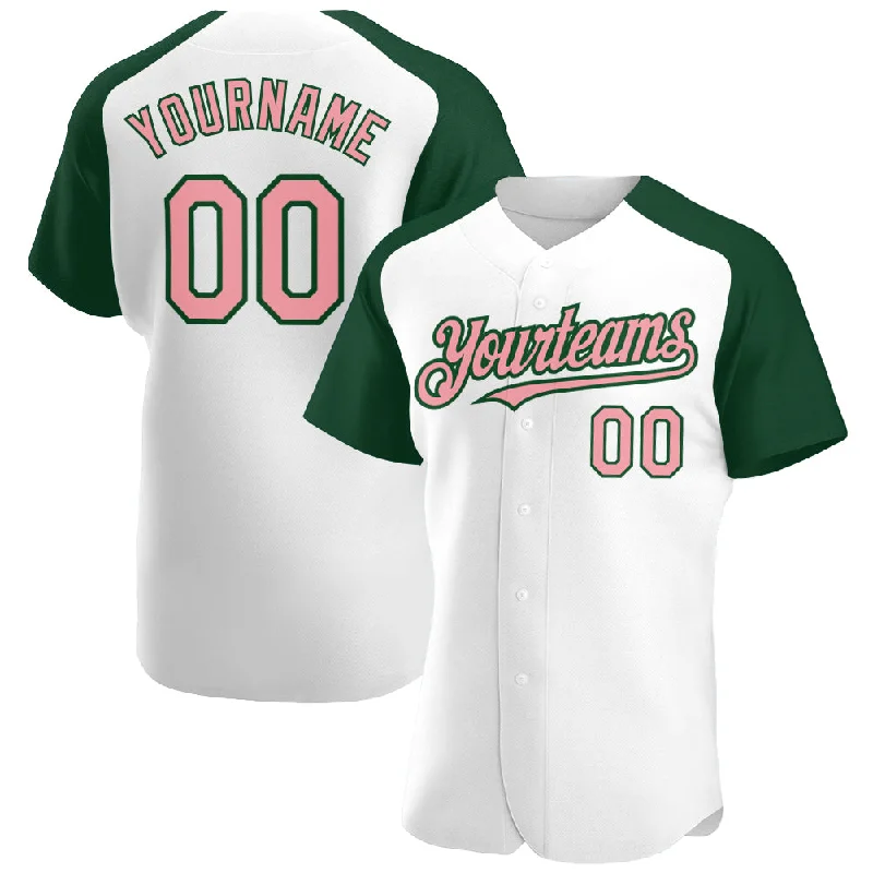 Baseball Jersey For Special Occasion Gear-Custom White Medium Pink-Green Authentic Raglan Sleeves Baseball Jersey