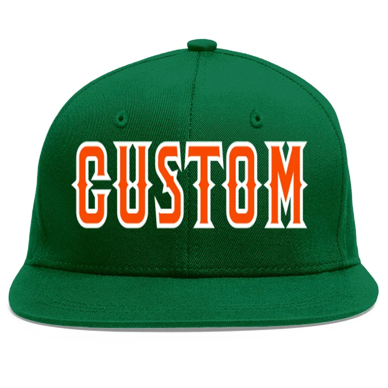 Baseball Cap For College Customization-Custom Green Orange-White Flat Eaves Sport Baseball Cap