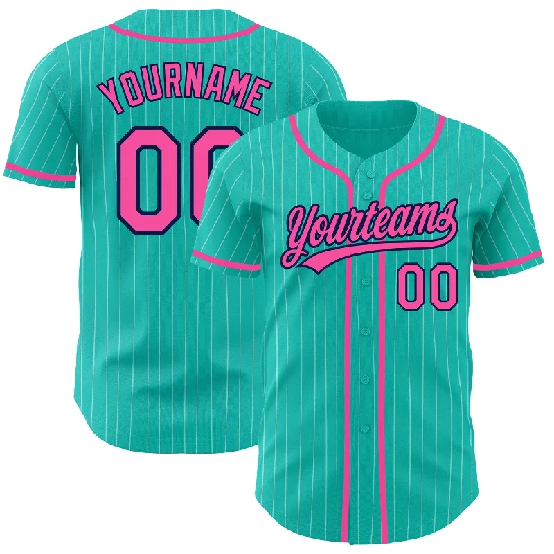 Baseball Jersey For Personalized College Fan Gear-Custom Aqua White Pinstripe Pink-Navy Authentic Baseball Jersey