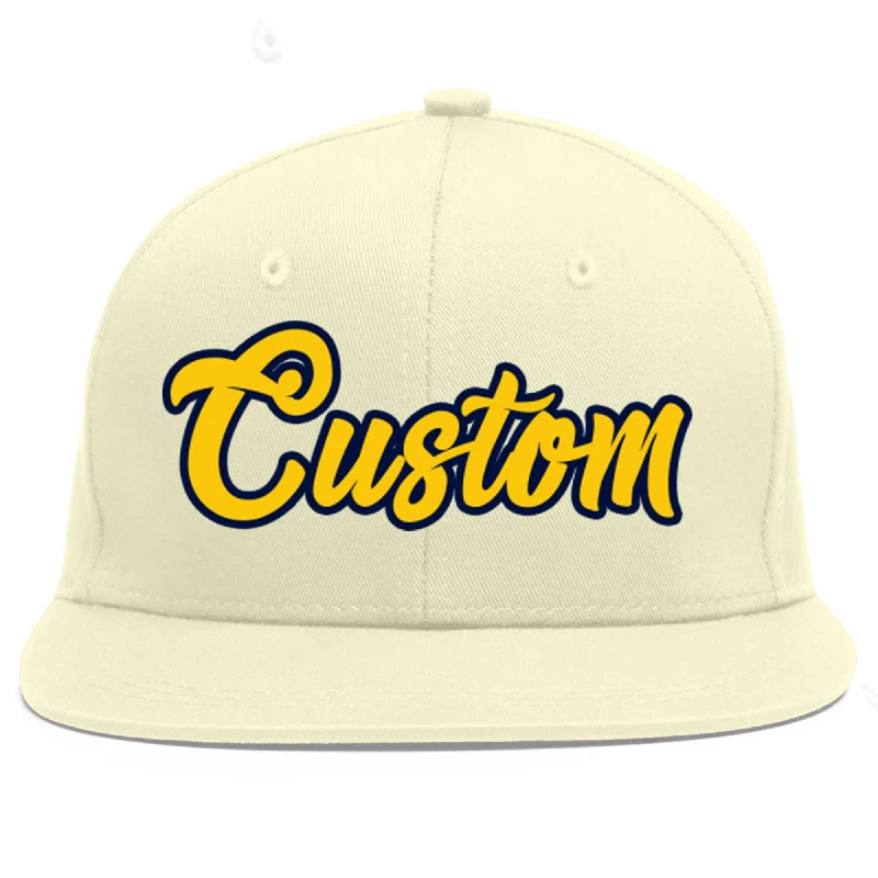 Baseball Cap With Custom Player Numbers-Custom Cream Gold-Navy Flat Eaves Sport Baseball Cap