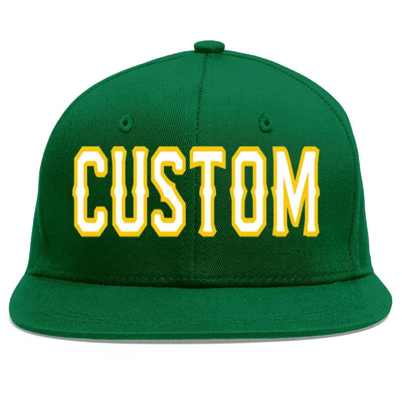 Baseball Cap For Family Orders-Custom Green White-Gold Flat Eaves Sport Baseball Cap