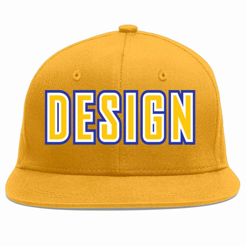 Baseball Cap For Custom High School Orders-Custom Gold Gold-White Flat Eaves Sport Baseball Cap Design for Men/Women/Youth