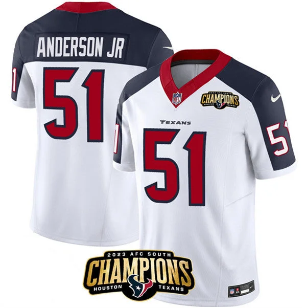 Football Jersey With Custom Number-Men's Houston Texans #51 Will Anderson Jr. White/Navy 2023 F.U.S.E. With AFC South Champions Patch And Team Logo Patch Limited Football Stitched Jersey