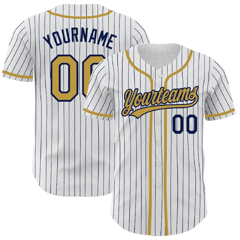 Baseball Jersey For Custom School Apparel-Custom White Navy Pinstripe Old Gold Authentic Baseball Jersey