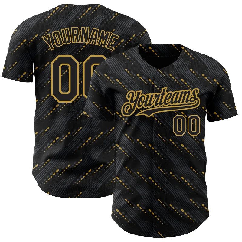 Baseball Jersey With Custom Player Portraits-Custom Black Old Gold 3D Pattern Design Slant Lines Authentic Baseball Jersey