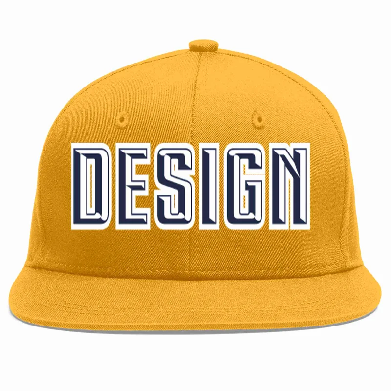 Baseball Cap For Fan Event Customization-Custom Gold Navy-White Flat Eaves Sport Baseball Cap Design for Men/Women/Youth