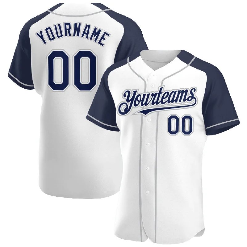 Baseball Jersey With Player Names-Custom White Navy-Gray Authentic Raglan Sleeves Baseball Jersey