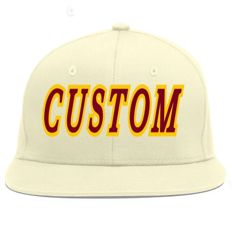 Baseball Cap With Player Names-Custom Cream Crimson-Gold Flat Eaves Sport Baseball Cap