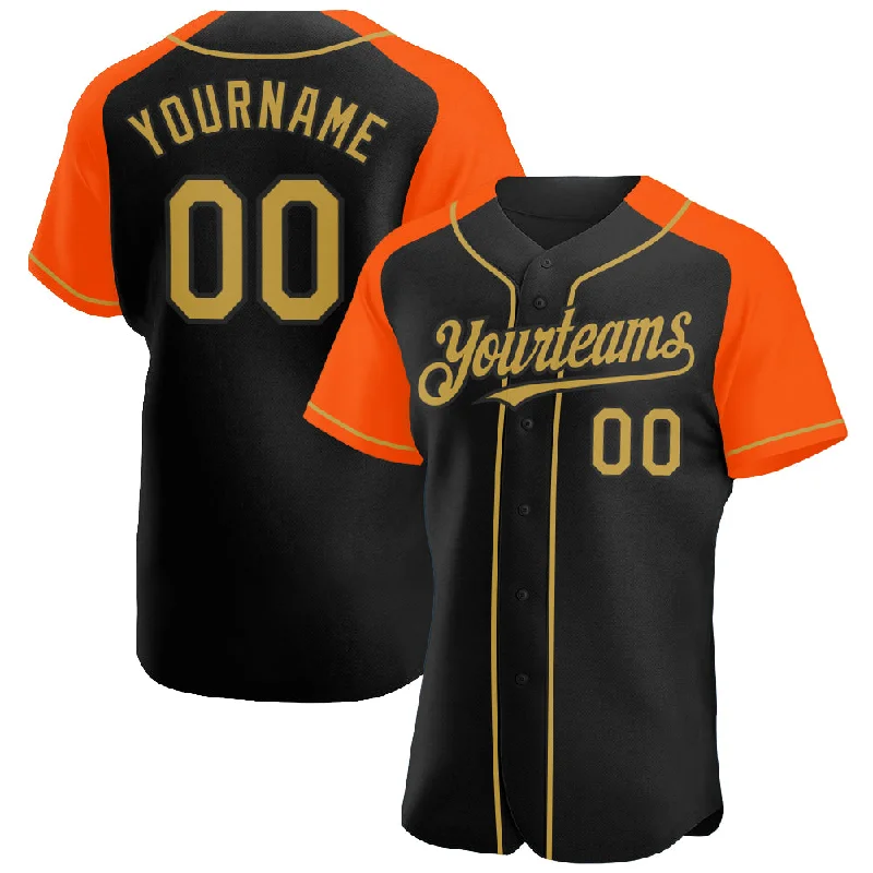 Baseball Jersey For Softball Custom Orders-Custom Black Old Gold-Orange Authentic Raglan Sleeves Baseball Jersey