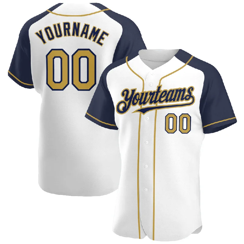 Baseball Jersey With Custom Logo-Custom White Old Gold-Navy Authentic Raglan Sleeves Baseball Jersey