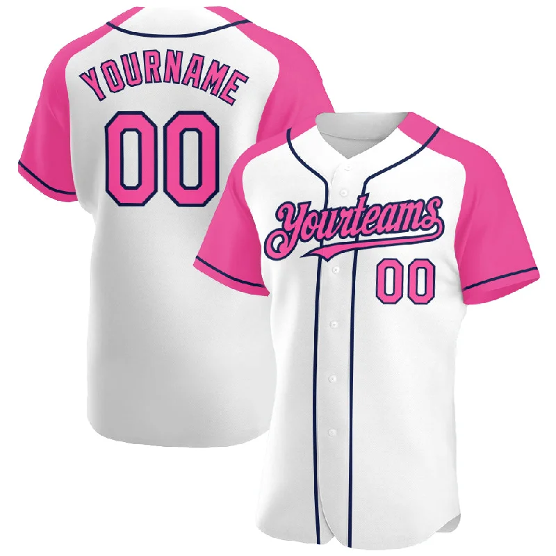 Baseball Jersey For Sale-Custom White Pink-Navy Authentic Raglan Sleeves Baseball Jersey